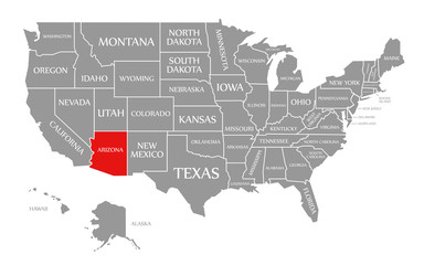 Fototapeta na wymiar Arizona red highlighted in map of the United States of America