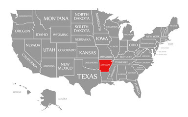 Arkansas red highlighted in map of the United States of America