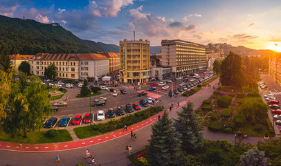 Brasov cityscape, panoramic and aerial view over medieval architecture of Brasov town from Transylvania, Romania