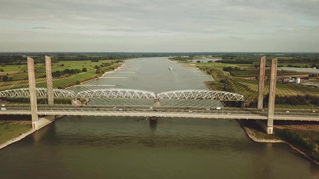 Martinus Nijhoff and railway bridge over the Waal river in the Netherlands, Aerial