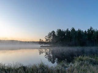 Scenic view from swamp , morning landscape with fog over a small forest lake and swamp  at autumn morning, frost, beautiful reflections, Driskina lake, Raiskums parish, Latvia
