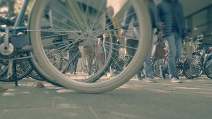 Beautiful motion blur with group of multiracial people  walking on  street in a European city. Crowd people 