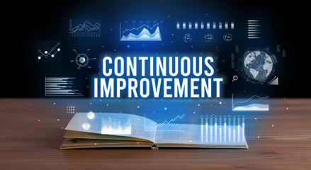 CONTINUOUS IMPROVEMENT inscription coming out from an open book, creative business concept