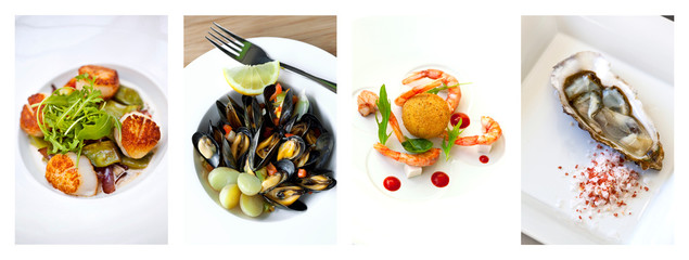 Collage of various sea food dishes