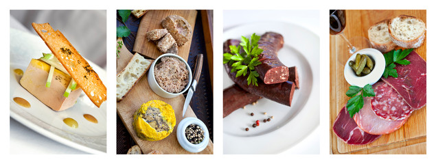 Collage of various deli and cold meat dishes