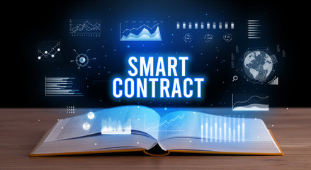 SMART CONTRACT inscription coming out from an open book, creative business concept