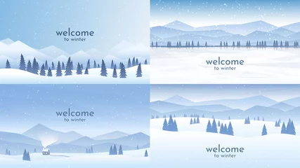 Fotobehang Blauwe hemel Vector illustration. Flat winter landscape. Simple snowy backgrounds. Snowdrifts. Snowfall. Clear blue sky. Blizzard. Snowy weather. Cold season. Panoramic wallpapers. Set of backgrounds.  © VVadi4ka