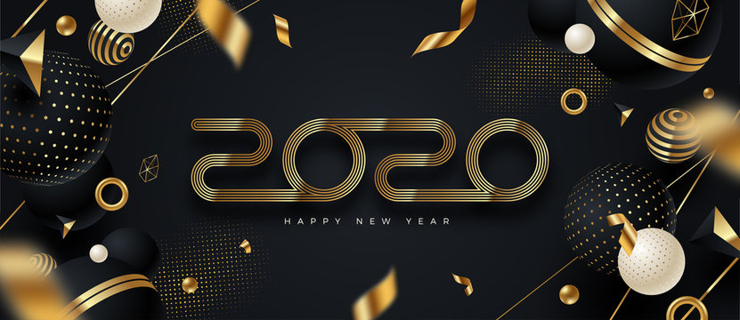 2020 new year logo. Greeting design with golden  number of year and black and gold abstract shapes. Design for greeting card, invitation, calendar, etc.