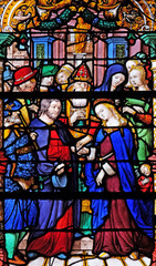 PARIS, FRANCE - JANUARY 11: The Wedding of the Virgin, stained glass windows in the Saint Gervais and Saint Protais Church, Paris, France on January 11, 2018.