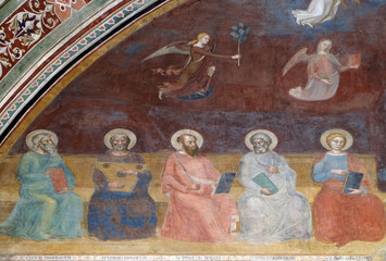 Job, David, St. Paul, St. Mark and St. John Evangelist, detail of the Triumph of St. Thomas Aquinas, fresco by Andrea di Buonaiuto, Spanish Chapel in Santa Maria Novella church in Florence, Italy