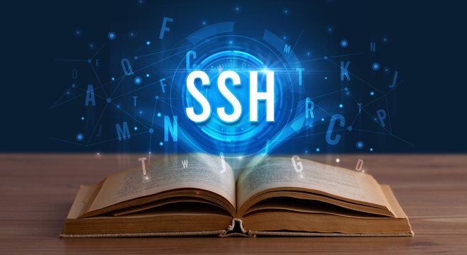 SSH inscription coming out from an open book, digital technology concept