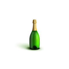 Realistic champagne bottle mockup green glasses without labels isolated on white background vector illustration. Decor element for New Year banner or poster.