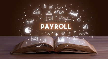 PAYROLL inscription coming out from an open book, business concept
