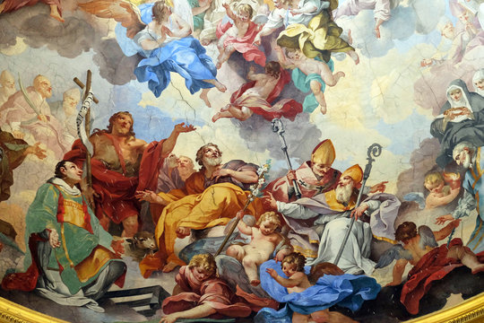 Glory of the Florentine saints, fresco by Vincenzo Meucci in the Basilica di San Lorenzo in Florence, Italy - Powered by Adobe