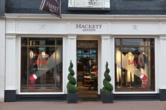 AMSTERDAM, NETHERLANDS - JULY 10, 2017: Hackett London store at P.C. Hooftstraat in Amsterdam. Pieter Cornelis Hooftstraat is the ultimate upscale shopping street in the Netherlands.