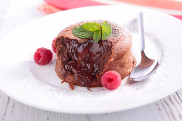 chocolate cake with chocolate sauce and berry