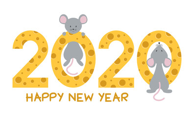 Symbol of Chinese new year. Cute rats and 2020 figures out of cheese. Vector illustration.