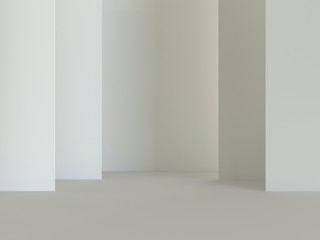 3d render scene. White walls and floor. Mockap to represent your product. Abstract modern architecture background