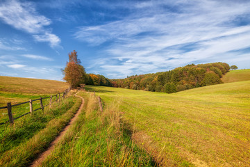 Obraz premium rural landscape with field and blue sky, wuppertal ronsdorf, nrw germany 