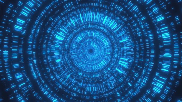 Looped animation. Abstract background with moving through bright circles in blue color. Modern colorful wallpaper. 3d rendering.