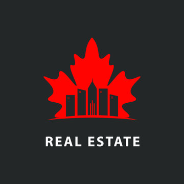 Red Maple Leaf  Real Estate Logo Isolated. House Vector Image