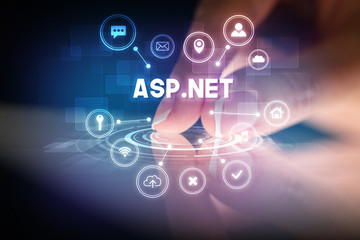 Fototapeta premium Finger touching tablet with web technology icons and ASP.NET inscription, web technology concept