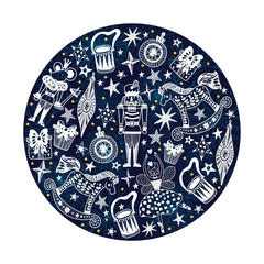 Nutcracker.  Cute Christmas vector card. Around motif.