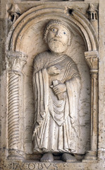 Saint James the Elder the apostle, bass relief by followers of Wiligelmo, Princes’ Gate, Modena Cathedral, Italy 