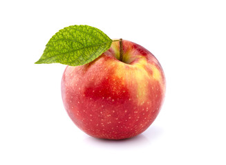 Red apple with leaf  on white background