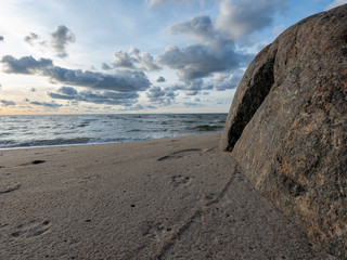 seascape image of the sea with  stones and grass of light before sunset,  quiet sea. baltic sea, Tuja beatch, Latvia