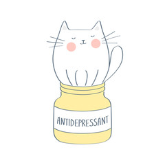 Antidepressant, cute linear funny cat sitting in a medical bottle. Medicine for the mind, to calm, the solution to all problems. Colorful vector illustration in premium outline cartoon design style.