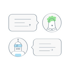 Chatbot, human conversation with robot. Chatting with bot, online support, talking to a chatbot online, customer service and support. Flat outline chatbot vector concept on white