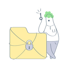 Data secure and protection. Software access data as confidential. Folder with lock and cartoon character with access key. Criminal succeeds hacking theft. Flat outline clean modern vector illustration