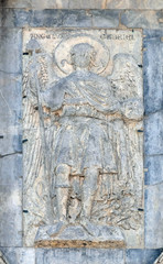 Relief depicting Archangel Gabriel, facade detail of St. Mark's Basilica, St. Mark's Square, Venice, Italy