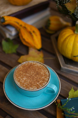 Cup of coffee with cinnamon on an open table