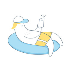 Vacationer, young man sunbath and floating on ring in the swimming pool with smartphone. Summer vacation, holiday, pool party concept. Outline isolated vector illustration.