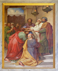 The fresco with the image of the life of St. Paul: Saul and Barnabas laying on of hands, basilica of Saint Paul Outside the Walls, Rome, Italy 