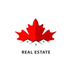 Red maple leaf  real estate logo isolated. House vector image