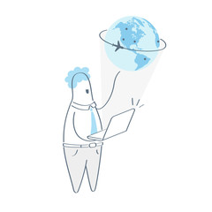 Businessman with laptop and projection of the earth. Concept of traveling, trip and global planning, commercial cargo transportation and logistics. Futuristic hologram. Flat outline vector
