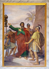 The fresco with the image of the life of St. Paul: Paul is Sent to Rome, basilica of Saint Paul Outside the Walls, Rome, Italy 