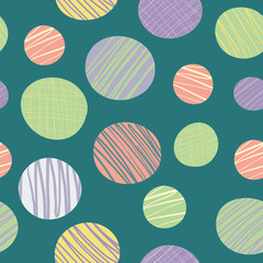 Quirky abstract doodle textured circles in green, pink, purple and yellow. Seamless vector pattern on teal background. Modern design for wellbeing , home, fabric, stationery, gift wrap, packaging