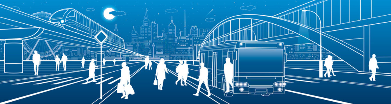 City scene, people walk down the street, passengers leave the bus, night city, Illuminated highway, transitional arch bridge on background. Train rides. Outline vector infrastructure illustration