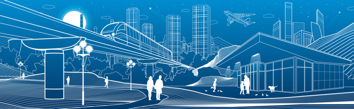 Outline industry city illustration panorama. Evening town urban scene. People walking at garden. Train rides. Night shop. Power Plant in mountains. White lines on blue background. Vector design art