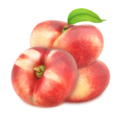 Composition with whole freshly picked flat nectarines with leaves isolated on white background. As design element.