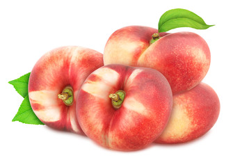 Heap of freshly picked flat nectarines with leaves isolated on white background. As design element.