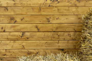rustic simple frame work wallpaper picture of wooden deck wall background and stack of hay in...