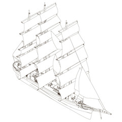 Contour of a sailing ship made of black lines Isolated on a white background. View isometric. 3D. Vector illustration.