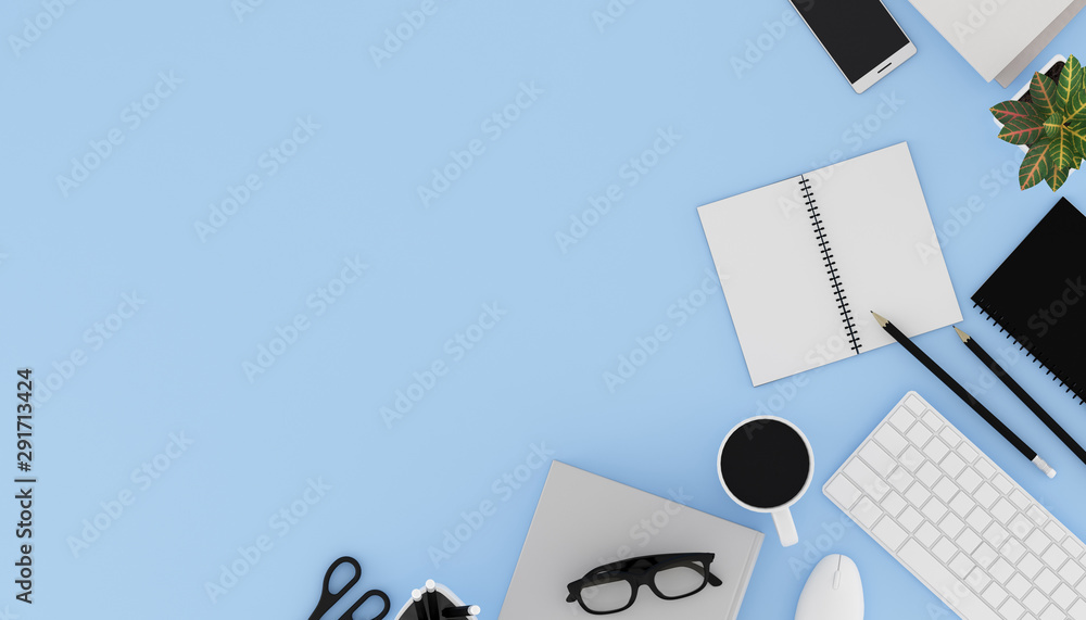 Poster Top view of workplace with accessories,business text space on table,Notebook,keyboard,cup of black coffee,pencils and computer. 3D rendering.