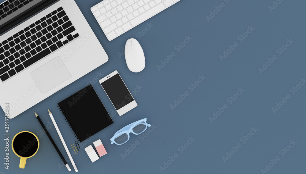 Poster Top view of workplace with accessories,business text space on table,Notebook,keyboard,cup of black coffee,pencils and computer. 3D rendering.