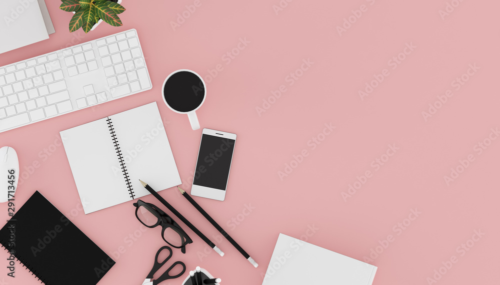 Aufkleber Top view of workplace with accessories,business text space on table,Notebook,keyboard,cup of black coffee,pencils and computer. 3D rendering.